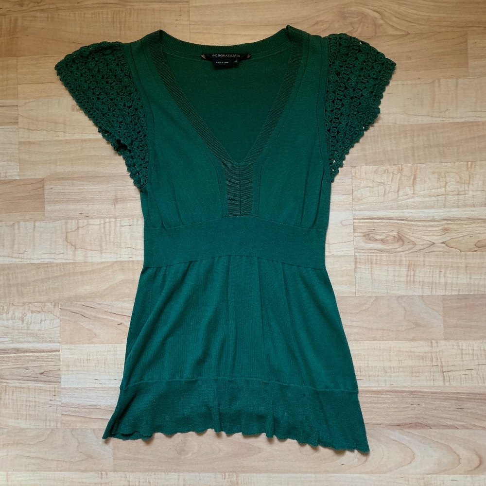 BCBGMaxAzria Crochet Sleeve Silk & Cotton Top